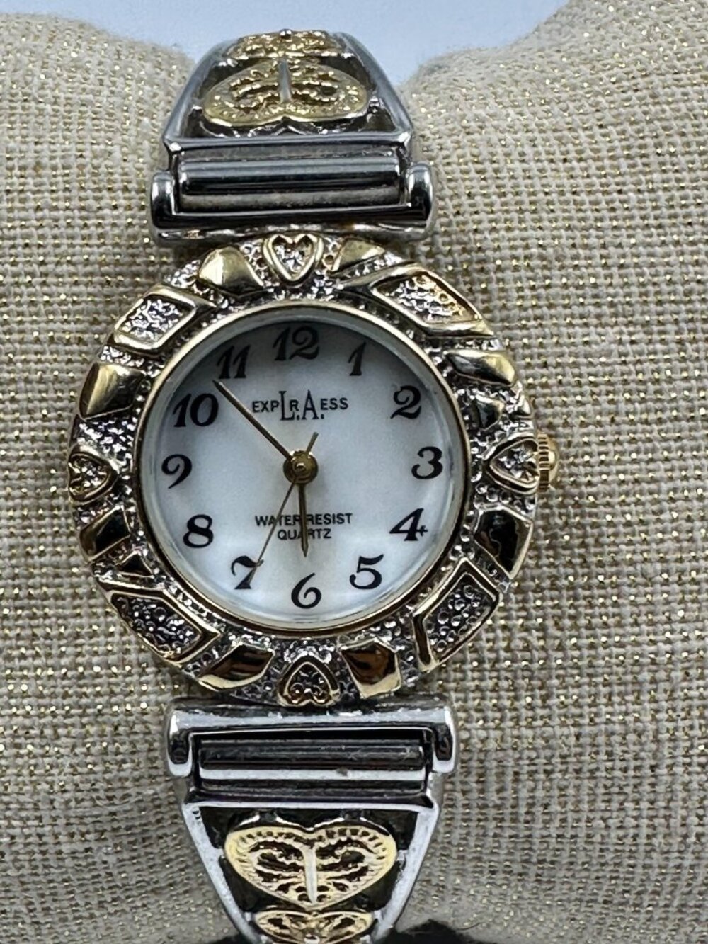 3/$30 LA Express Watch Women Silver Gold Two Tone Heart Stretch Band New Battery